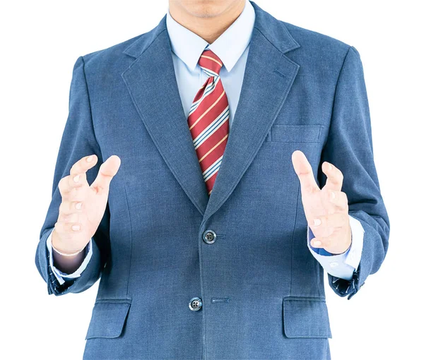 Close Masculino Vestindo Azul Terno Gravata Vermelha Alcançando Mão Para — Fotografia de Stock