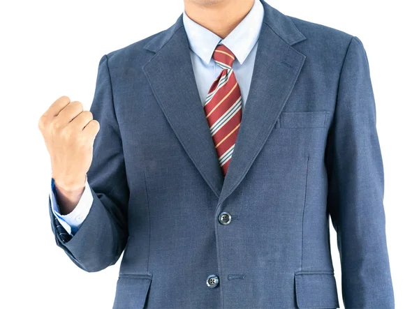 クローズ アップ スーツに青身に着けている男性および赤ネクタイに達し手をクリッピング パスの分離 — ストック写真