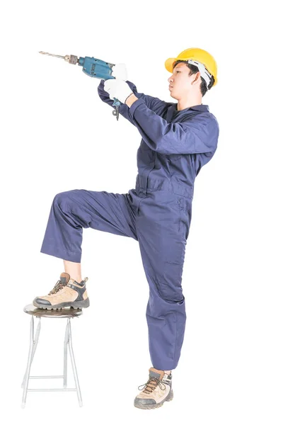 Young Handyman Unifrom Standing His Electric Drill Cutout Isolated White — Stock Photo, Image