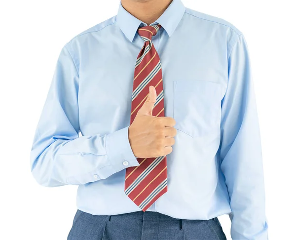 Close Masculino Vestindo Camisa Azul Gravata Vermelha Estendendo Mão Polegares — Fotografia de Stock