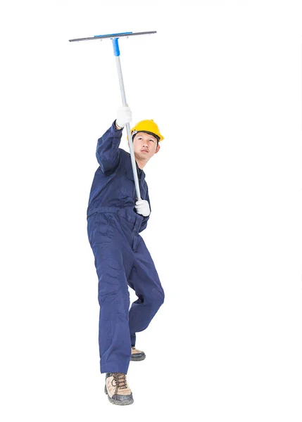 Joven Con Fregona Sujeción Uniforme Para Limpiar Ventana Vidrio Cortado —  Fotos de Stock