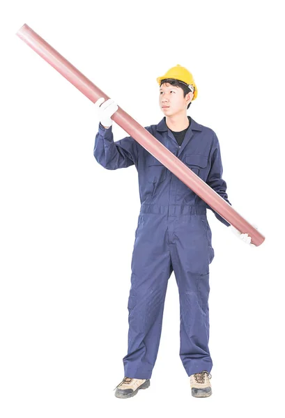 Junger Klempner Uniform Hält Pvc Rohr Isoliert Auf Weißem Hintergrund — Stockfoto