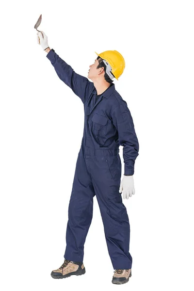 Portrait Workman Blue Coveralls Hardhat Uniform Holding Steel Trowel White — Stock Photo, Image