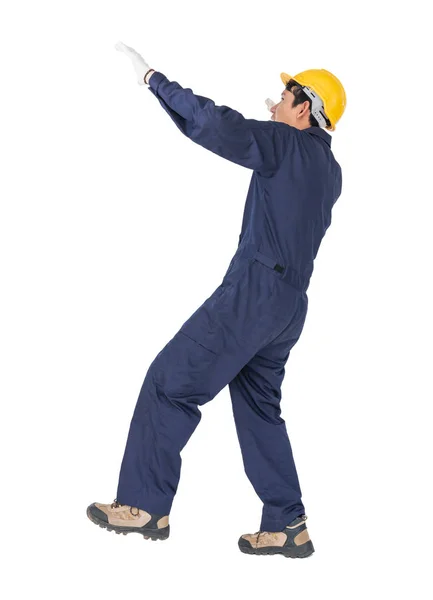 Porträtt Workman Med Blå Overaller Och Hardhat Uniform Vit Bakgrund — Stockfoto