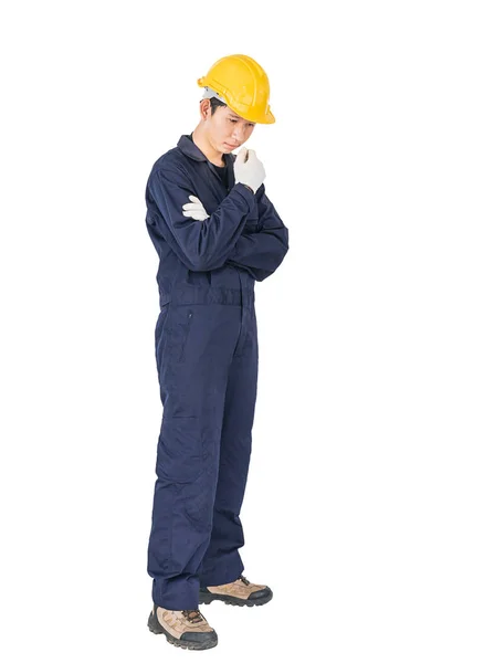 Portrait Workman Blue Coveralls Hardhat Uniform White Background Clipping Path — Stock Photo, Image