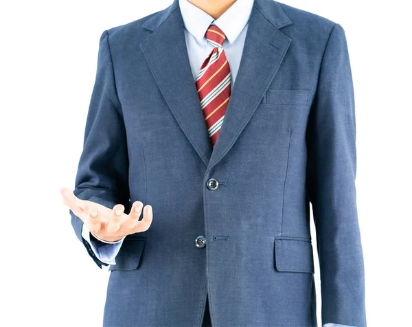Close Masculino Vestindo Azul Terno Gravata Vermelha Alcançando Mão Para — Fotografia de Stock