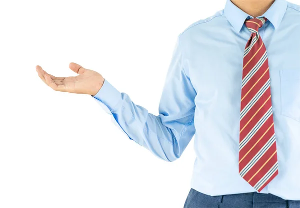 Vicino Uomo Con Camicia Blu Cravatta Rossa Che Raggiunge Mano — Foto Stock