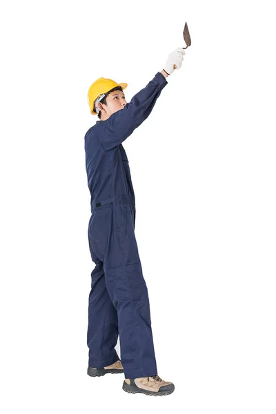 Portrait Workman Blue Coveralls Hardhat Uniform Holding Steel Trowel White — Stock Photo, Image