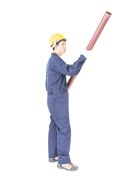 Junger Klempner Uniform Hält Pvc Rohr Isoliert Auf Weißem Hintergrund — Stockfoto