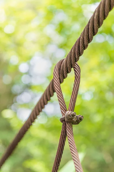 Steel wire rope lifeline on the bridge, Steel wire rope sling clip and has a large anchor suspension bridge with blurry background.