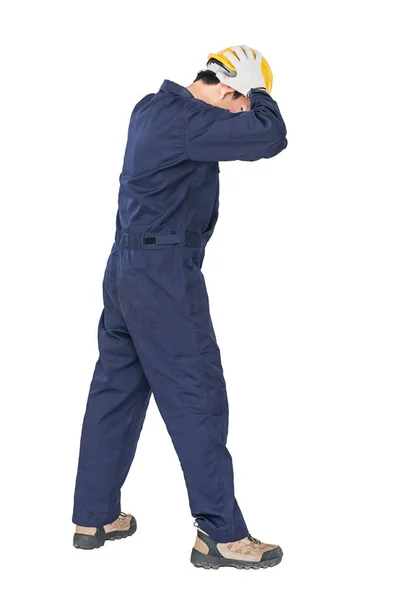 Portrait Workman Blue Coveralls Hardhat Uniform White Background Clipping Path — Stock Photo, Image