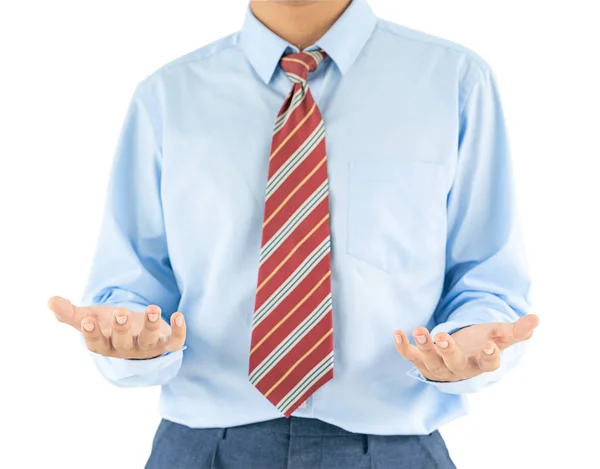 Close Masculino Vestindo Camisa Azul Gravata Vermelha Estendendo Mão Para — Fotografia de Stock