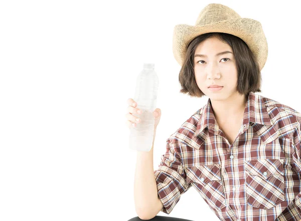 Young Pretty Woman Cowboy Hat Plaid Shirt Holding Water Bottle — Stock Photo, Image