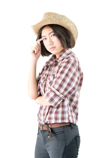 Joven Mujer Bonita Sombrero Vaquero Camisa Cuadros Con Los Brazos —  Fotos de Stock