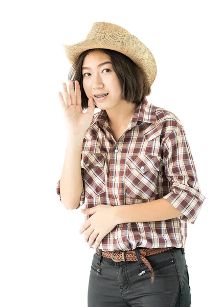 Молодая Красивая Женщина Ковбойской Шляпе Клетчатой Рубашке Рукой Шляпе Изолированы — стоковое фото