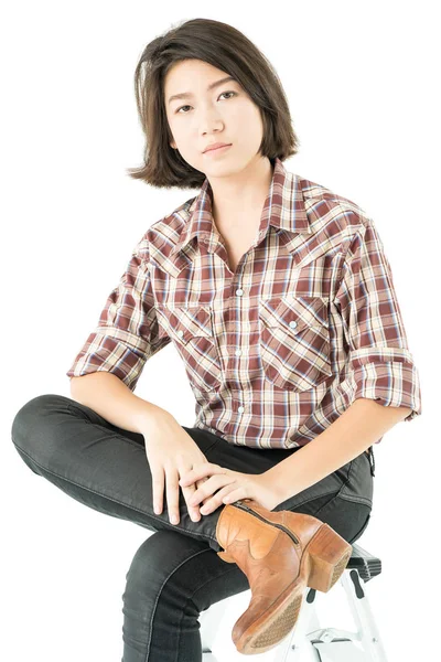 Young Pretty Woman Plaid Shirt Posing Studio Isolated White Background — Stock Photo, Image