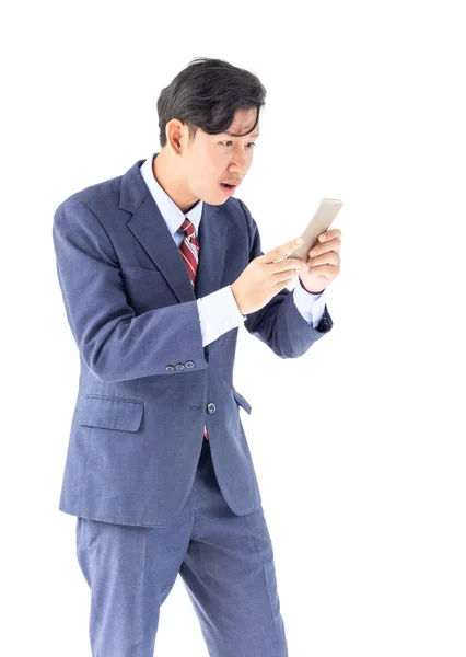 Young Asian Business Men Portrait Holding Phone Suit White Background — Stock Photo, Image