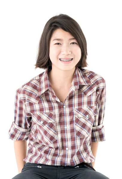 Young Pretty Woman Plaid Shirt Posing Studio Isolated White Background — Stock Photo, Image