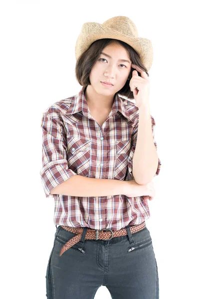 Joven Mujer Bonita Sombrero Vaquero Camisa Cuadros Con Los Brazos —  Fotos de Stock