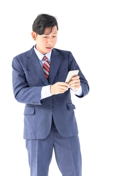 Young Asian Business Men Portrait Holding Phone Suit White Background — Stock Photo, Image