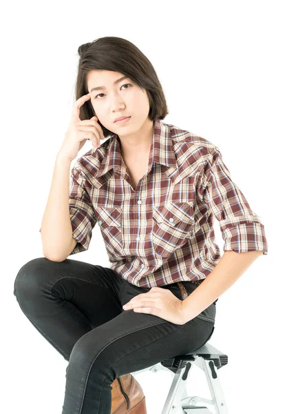 Joven Mujer Bonita Camisa Cuadros Posando Estudio Con Aislado Sobre —  Fotos de Stock