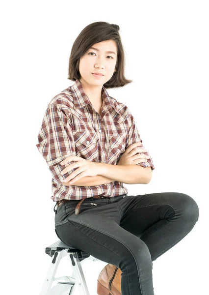 Joven Mujer Bonita Camisa Cuadros Posando Estudio Con Aislado Sobre —  Fotos de Stock