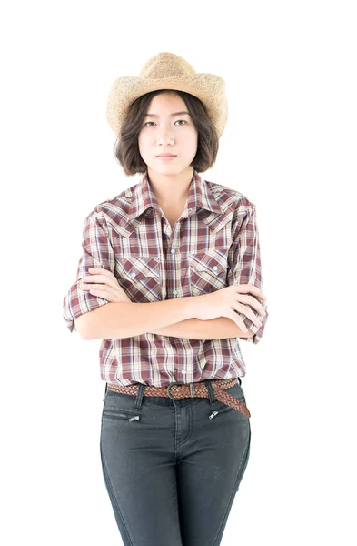 Jovem Mulher Bonita Chapéu Cowboy Camisa Xadrez Com Braços Cruzados — Fotografia de Stock