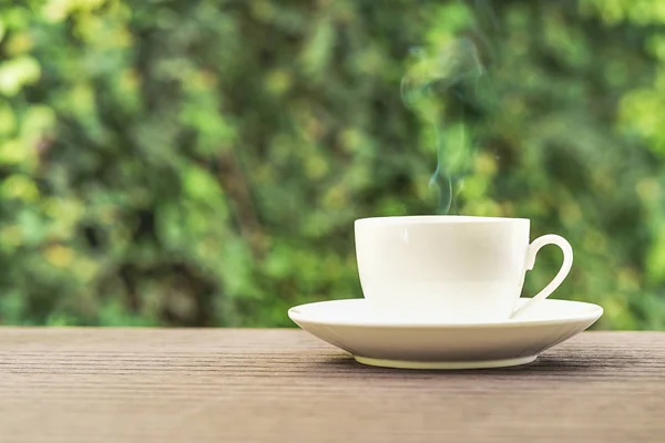 White Ceramic Coffee Cup Wooden Table Natural Background Garden — Stock Photo, Image