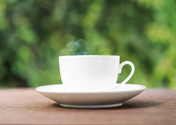 White Ceramic Coffee Cup Wooden Table Natural Background Garden — Stock Photo, Image