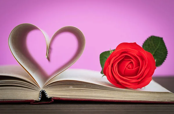 Pages Book Curved Heart Shape Red Rose Love Concept Heart — Stock Photo, Image