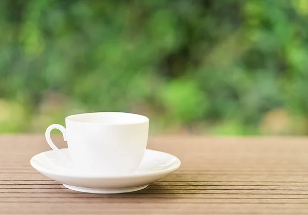 White Ceramic Coffee Cup Wooden Table Natural Background Garden — Stock Photo, Image