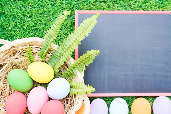 Ostereier aus nächster Nähe auf Gras und Tafel-Attrappe — Stockfoto