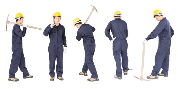 Ensemble de l'homme en uniforme tenir vieux mattock pick qui est un développement minier — Photo