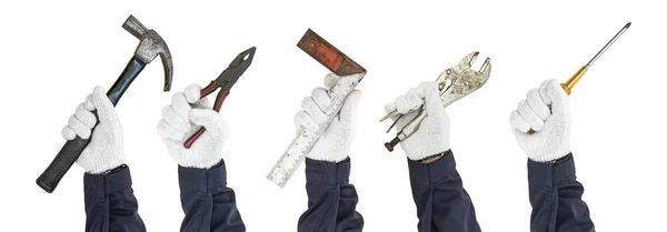 Set Von Arbeitshandschuhen Die Werkzeuge Isoliert Auf Weißem Hintergrund Halten — Stockfoto