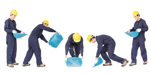 Set Young Trabalhador Segurar Hod Concha Forma Molusco Cesta Isolada — Fotografia de Stock