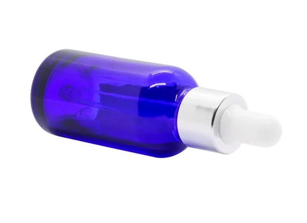 Botella Suero Cuentagotas Vidrio Azul Sobre Fondo Blanco Mockup Para — Foto de Stock