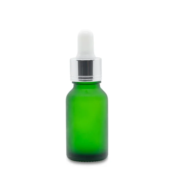 Zielona Butelka Kroplomierzem Szkła Białym Tle Mockup Projektowania Produktów Kosmetycznych — Zdjęcie stockowe