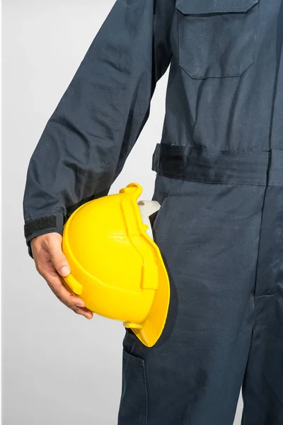 Lavoratore Piedi Tuta Blu Con Cappello Rigido Giallo Isolato Sfondo — Foto Stock