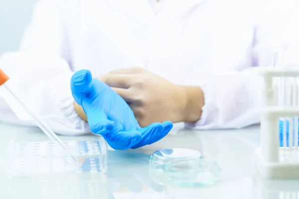 Close Scientist Hands Putting Nitrile Blue Latex Gloves Labcoat Wearing — Stock Photo, Image