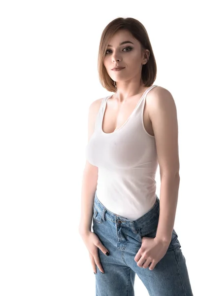 Pretty sexy girl in whote top isolated cropped shot — Stock Photo, Image