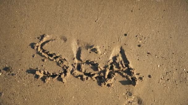 Λέξη «θάλασσα» στην άμμο βρέχεται από τα κύματα προβολή — Αρχείο Βίντεο