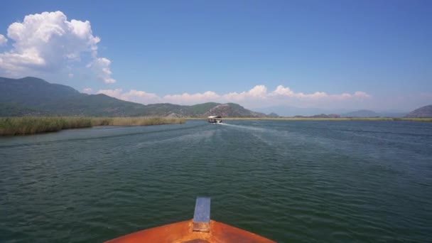 Vista da vasta viagem turca pelo rio ao longo de costas verdes — Vídeo de Stock
