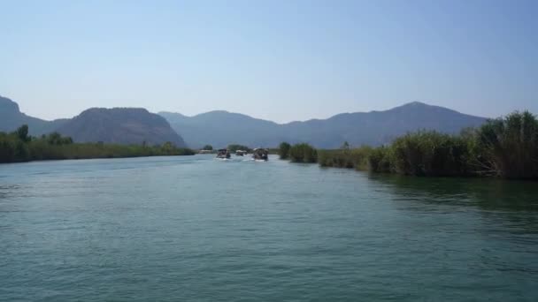 Turco vasta viagem fluvial ao longo da vista verde da costa de Dalyan — Vídeo de Stock