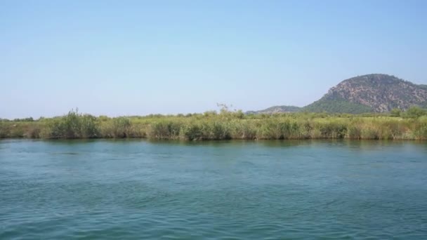 Turkish river journey along green coast view — Stock Video