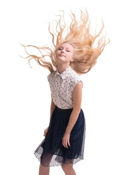 Pretty teenaged blonde with flying hairs cropped isolated shot — Stock Photo, Image