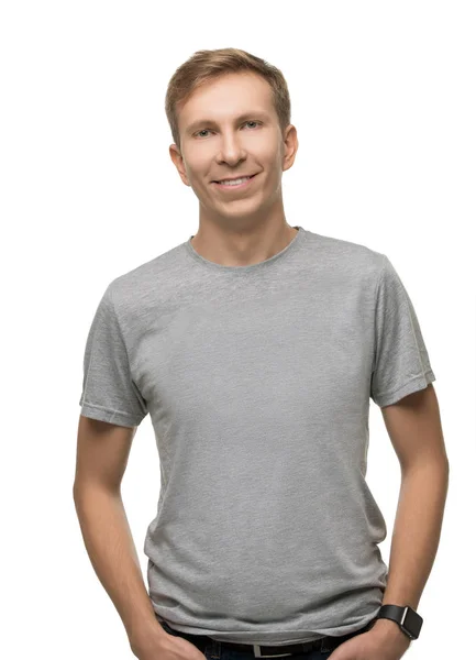 Young Fair Handsome Male Wearing Gray Shirt Jeans Keeping His — Stock Photo, Image