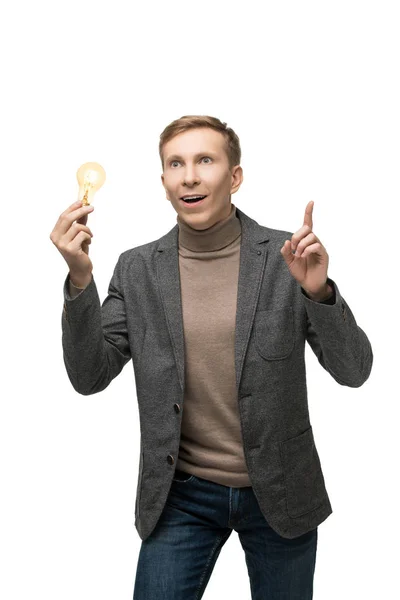 Emotionele man in grijze jas geïsoleerde portret — Stockfoto