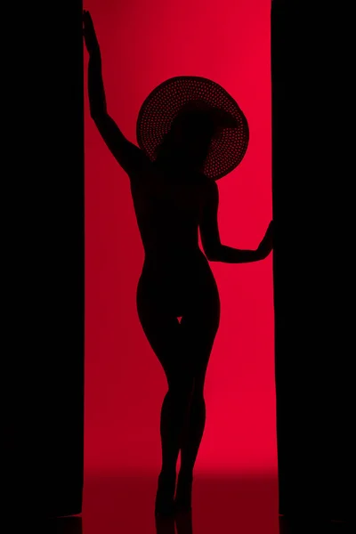 Girl dark silhouette view against red wall — Stock Photo, Image