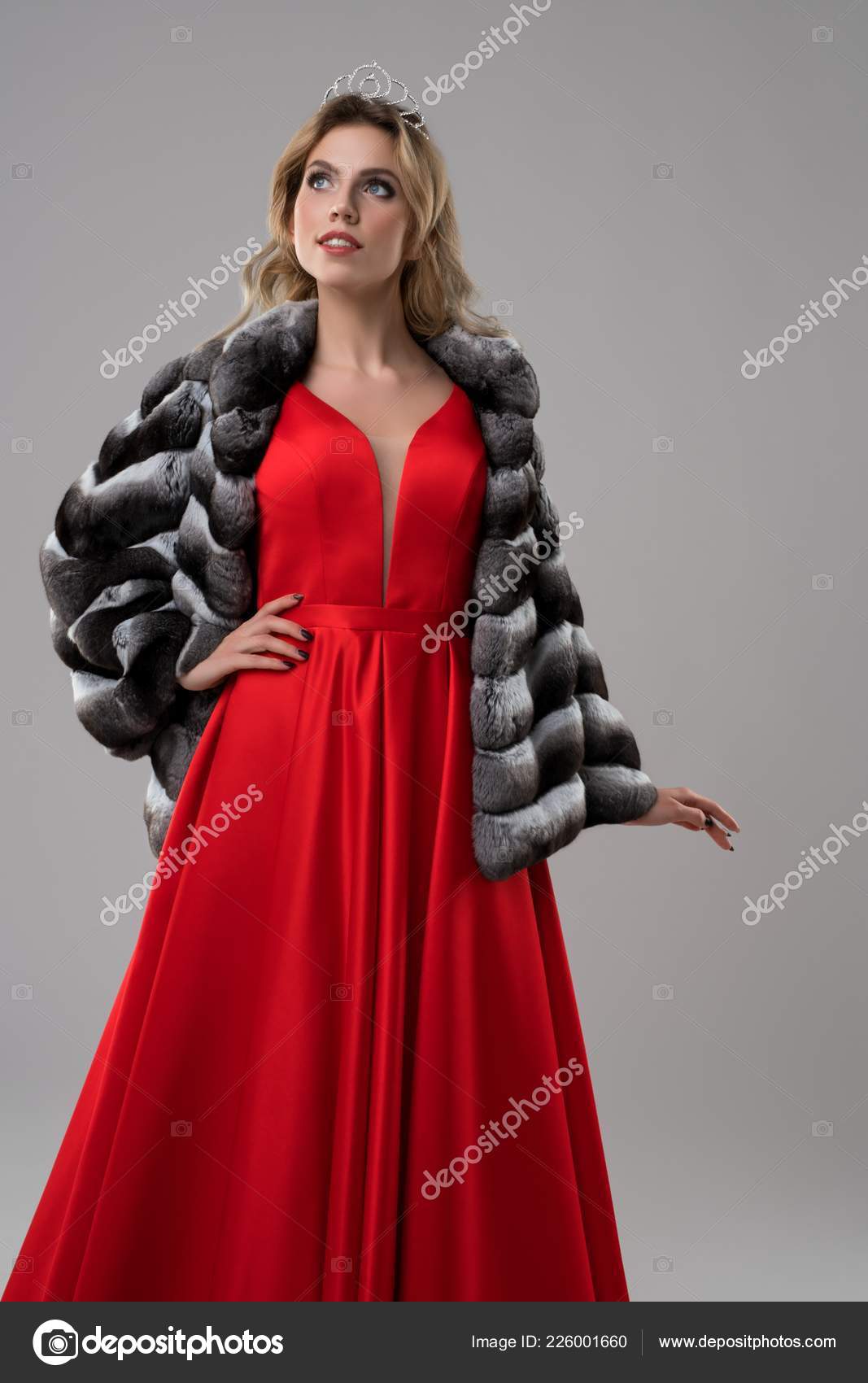 red dress with fur coat