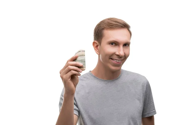 Homem feliz com notas de dólar retrato isolado — Fotografia de Stock